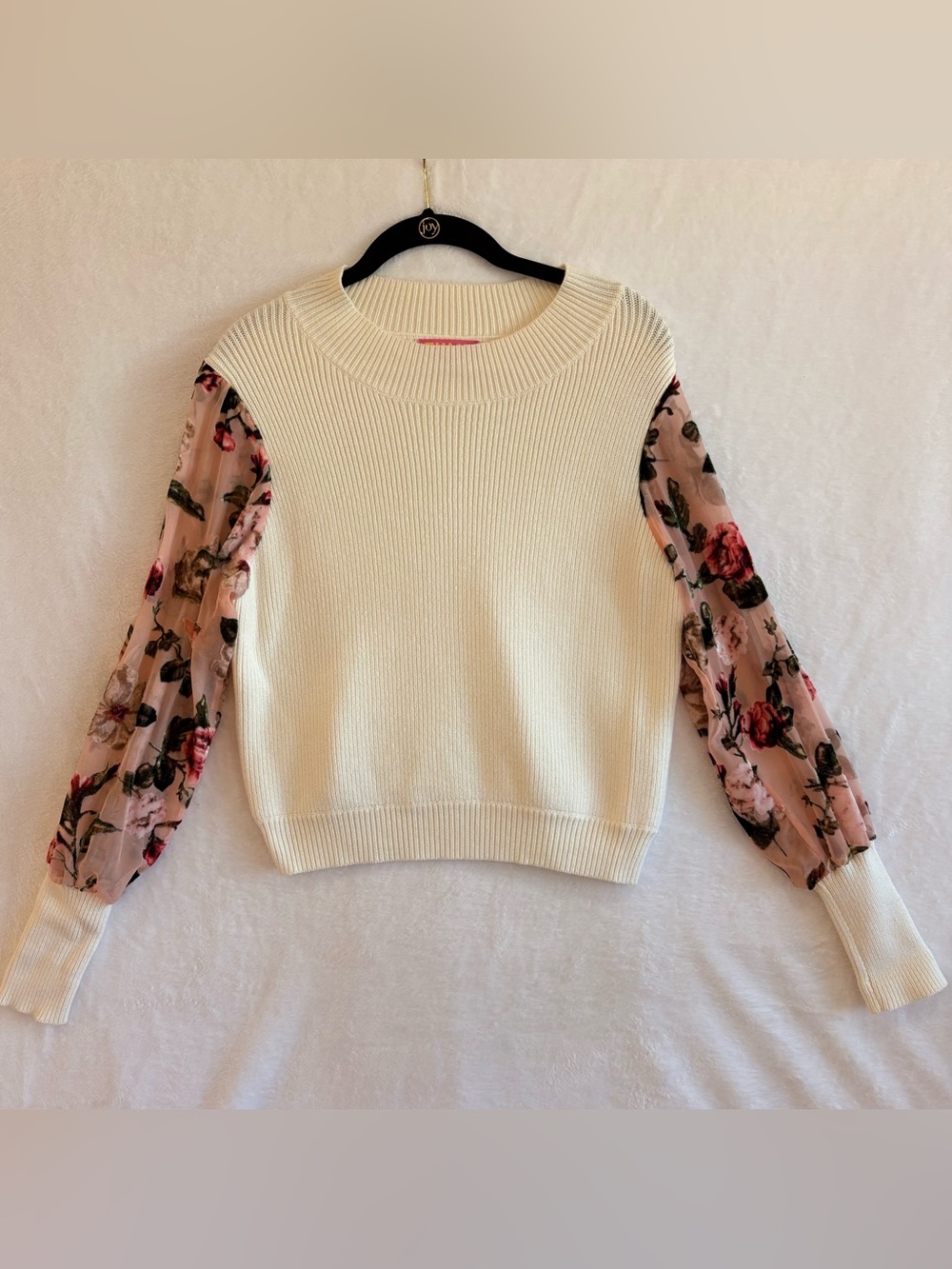 🌸 THML Rib Knit Sweater – Women's XS – Cream with Sheer Floral Balloon Sleeves